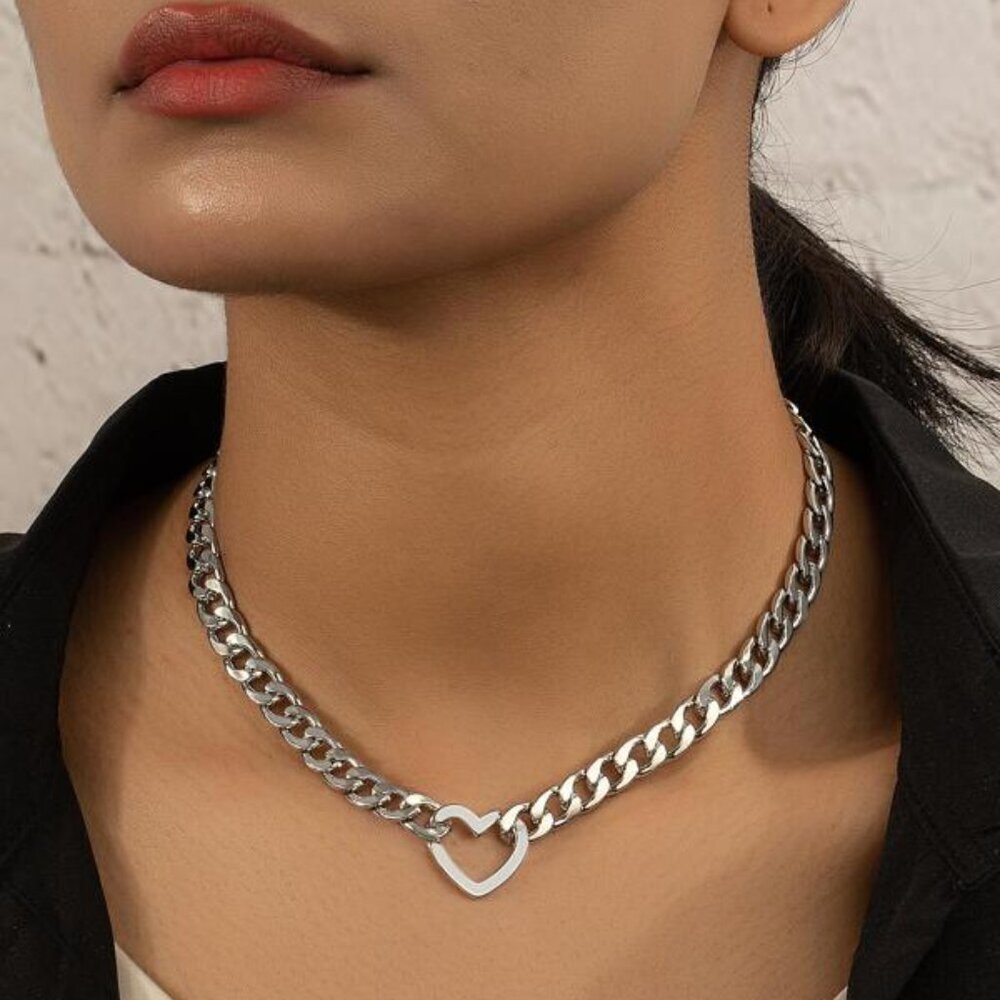 Sterling Silver Heart Cuban Chain Choker Necklace